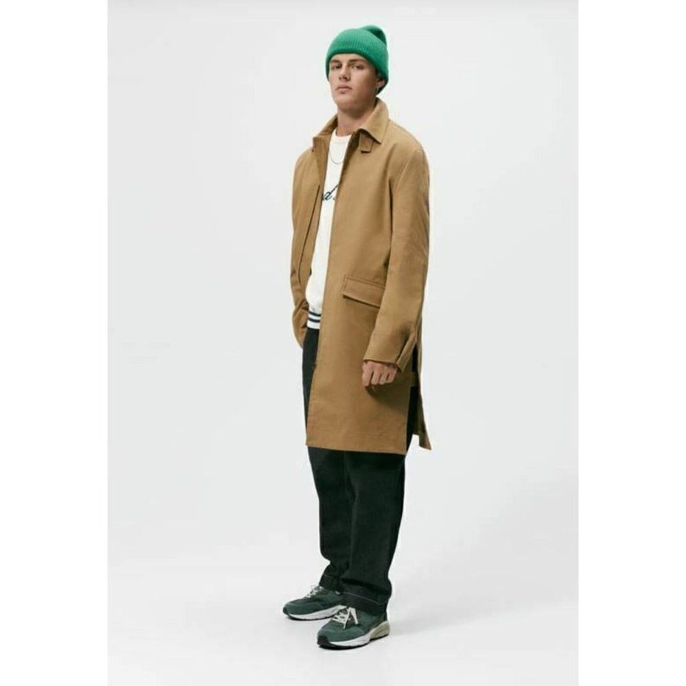 Zara Mens Trench Coat Jacket Zippered Size S-M Tan Cotton Blend 5838/104 NWT